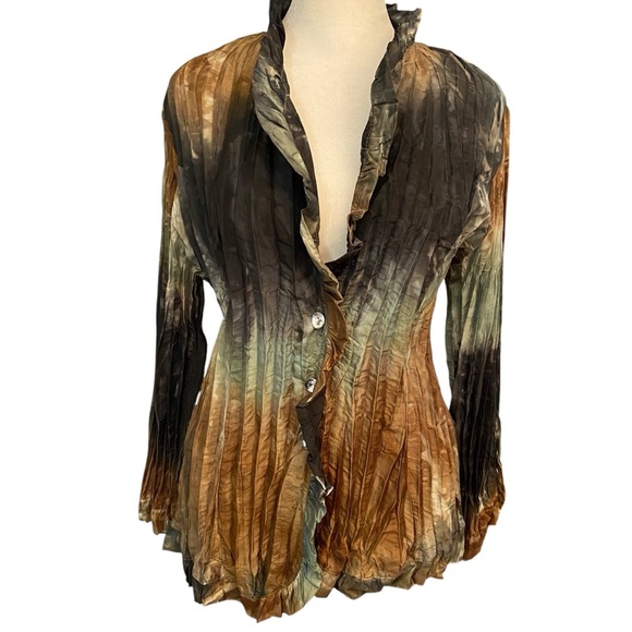 PIANO Aquamarine Gold Pleated Crystal Button Down Blouse Size LP Y2K Broomstick - Picture 1 of 13